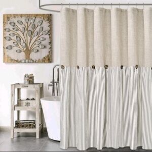 Shower Curtain Beige Gray Tan Stripe Button Linen Cotton Woven Beachy Nautical